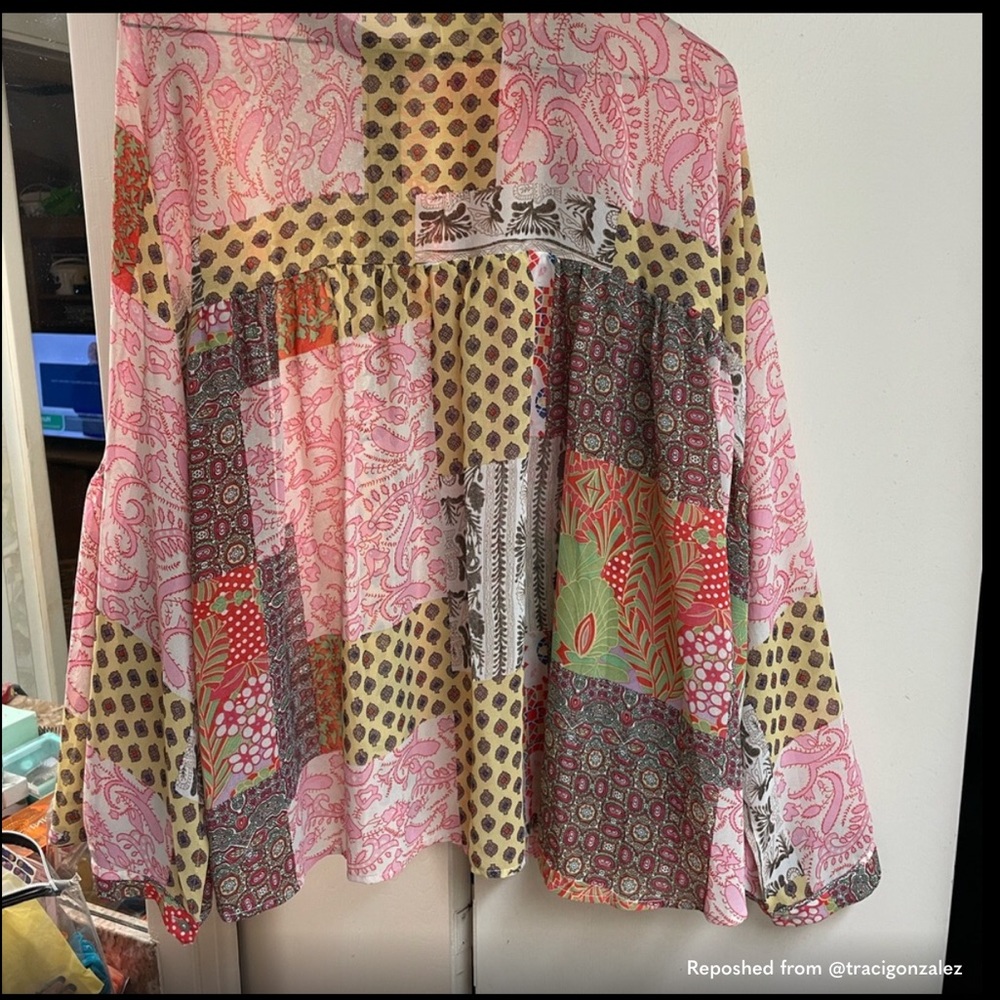 Patchwork Button Down Oversized Boho Blouse - image 3